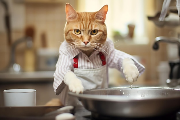 Foto um gato vermelho em um avental lava pratos em uma cozinha doméstica ilustração horizontal