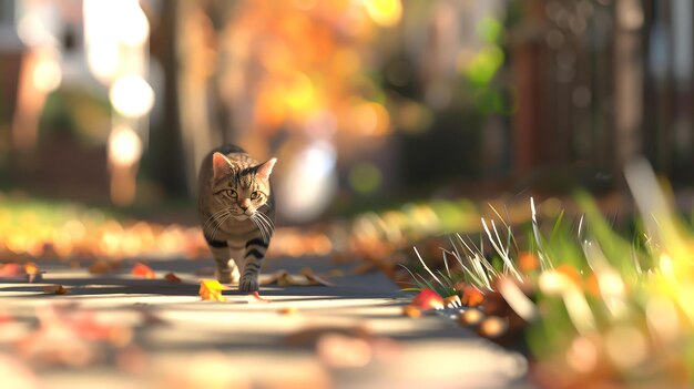 Um gato vermelho está caminhando pela calçada no outono o gato está olhando para a câmera