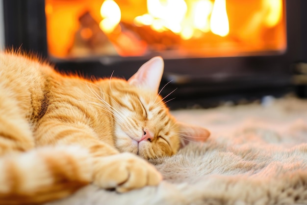 Um gato vermelho sereno desfruta de um sono repousante em um cobertor macio, aquecendo-se no calor suave que emana da lareira brilhante atrás dele.
