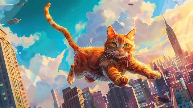 Um gato vermelho voa pelo céu acima de uma cidade o gato está voando com as pernas estendidas