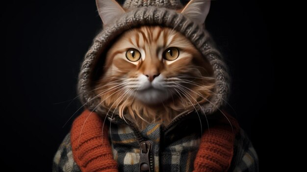 um gato vestido com roupas de inverno em um fundo preto