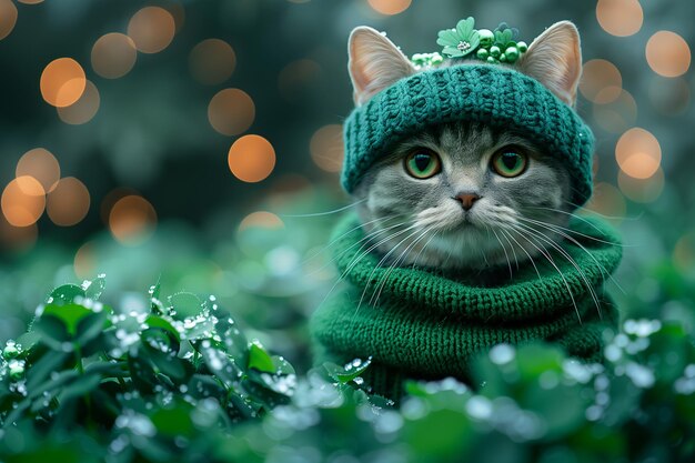 Um gato vestido com um chapéu verde e um lenço celebrando o Dia de São Patrício em um fundo verde