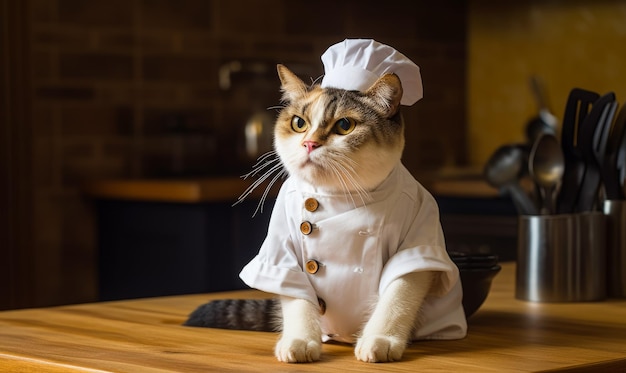 Um gato vestido de chef está sentado em uma mesa.