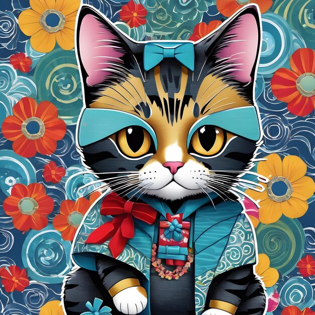 um gato vestindo um chapéu azul com um laço rosa e uma camisa azul com uma laço rosa