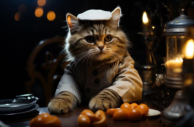 Um gato vestindo um chapéu de marinheiro sentado em uma mesa