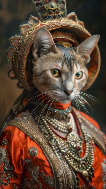 Um gato vestindo um chapéu e jóias tradicionais indianas