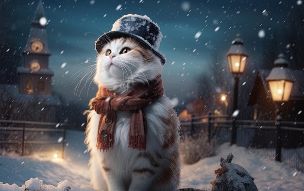 Foto um gato vestindo um chapéu e um lenço está na neve