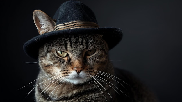 Um gato vestindo um chapéu está olhando para a câmera com uma expressão séria