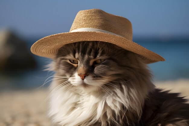 Um gato vestindo um chapéu na praia