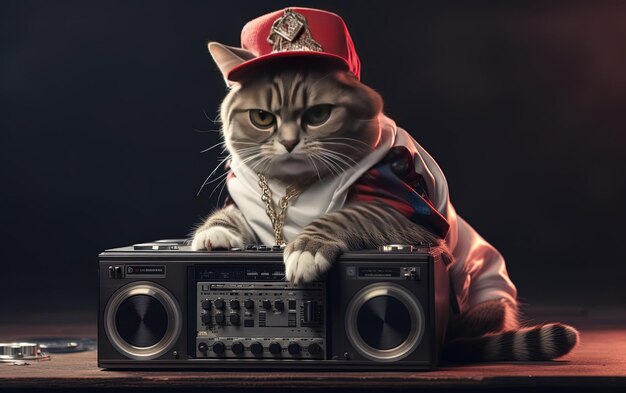 Foto um gato vestindo um chapéu vermelho senta-se em um rádio