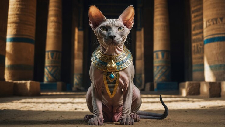 Foto um gato vestindo um colar dourado e azul está sentado na frente de alguns pilares