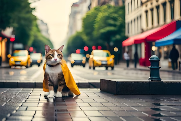 Um gato vestindo um lenço amarelo em uma rua