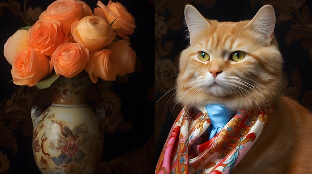 um gato vestindo um lenço de seda em miniatura complementando acessórios de luxo