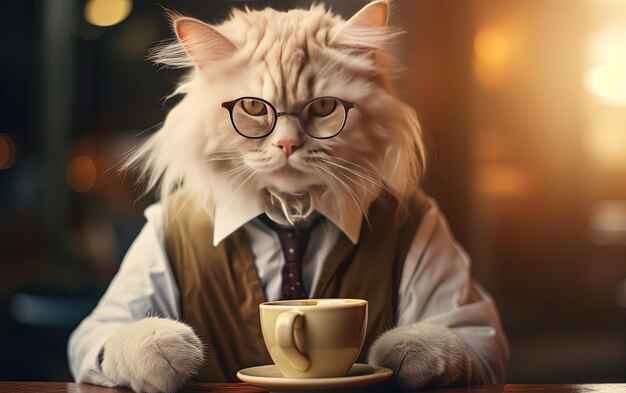 um gato vestindo um terno e uma gravata senta-se em uma mesa com uma chávena de café