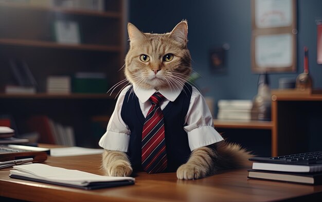 Foto um gato vestindo um terno e uma gravata sentado em uma mesa