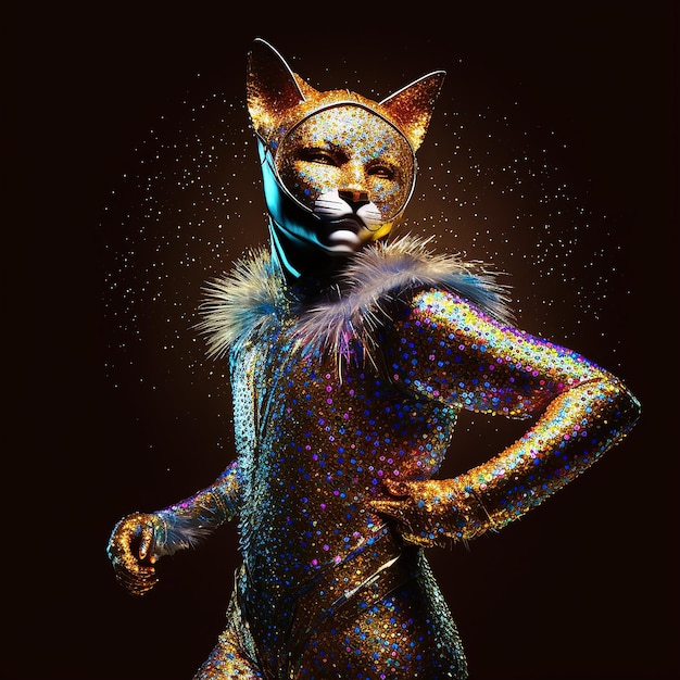 Um gato vestindo uma fantasia que diz 'cat'on it