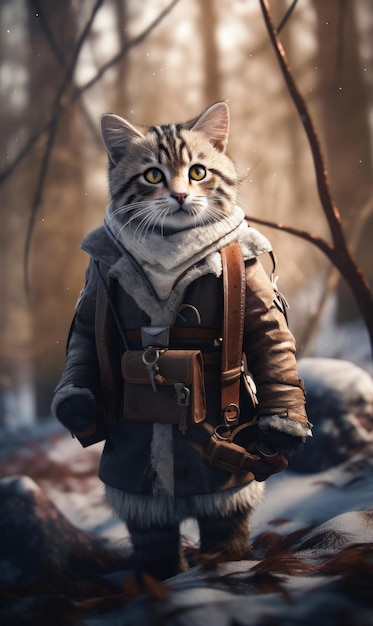 Um gato vestindo uma jaqueta e uma mochila