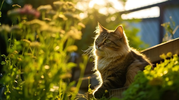 Um gato vigilante de olho no quintal gerado pela IA