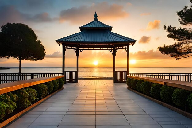 Foto um gazebo com um pôr do sol ao fundo