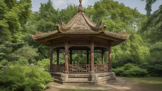 Foto um gazebo de estilo chinês em um parque com árvores e um fundo do céu