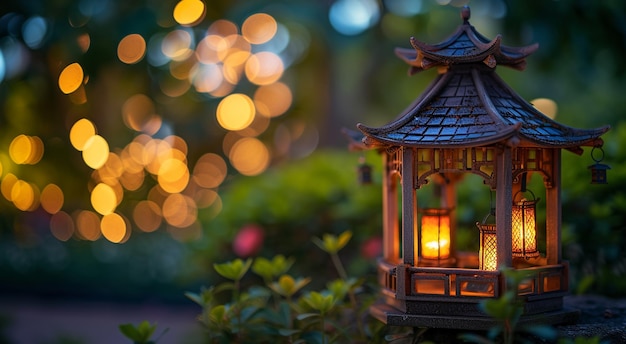 Foto um gazebo em miniatura adornado com lanternas brilhantes criando uma atmosfera mágica ai generative