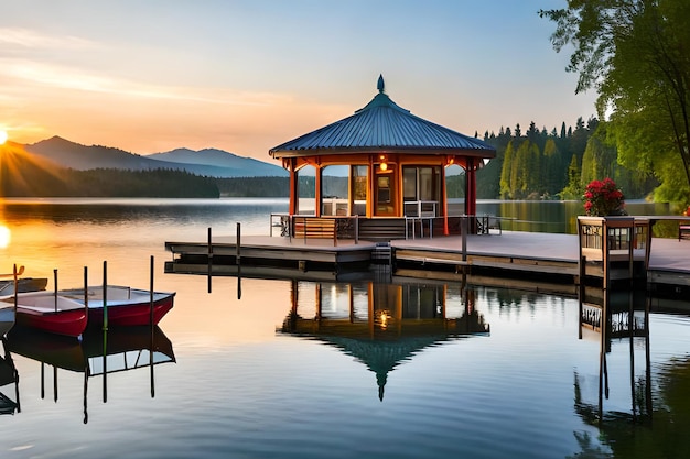 Um gazebo em um lago com um barco na água.