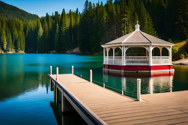 Um gazebo em uma doca com uma montanha ao fundo