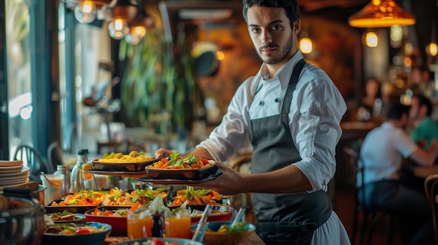 um Gazpacho de cozinha espanhola Garçom servindo em movimento em serviço no restaurante O garçom carrega pratos