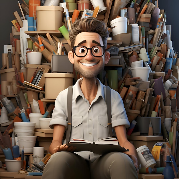 Um geek a ler um livro numa sala cheia de livros.
