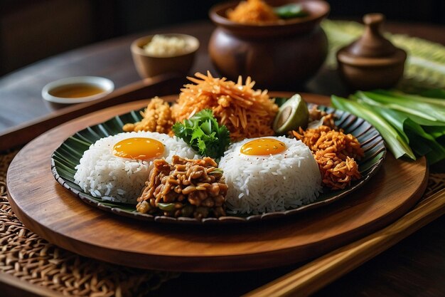 Um generoso prato de madeira cheio de nasi liwet