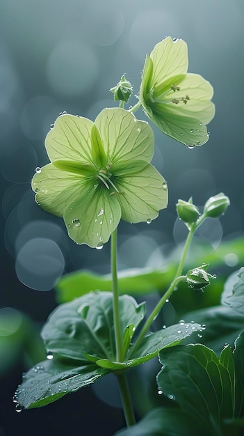 Foto um gerânio verde claro com dois botões no ramo três folhas verdes tenras cristalinas foto