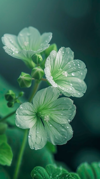 Foto um gerânio verde claro com dois botões no ramo três folhas verdes tenras cristalinas foto