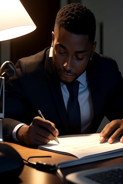 Foto um gerente de escritório negro assinou os documentos financeiros com um floreio gerado