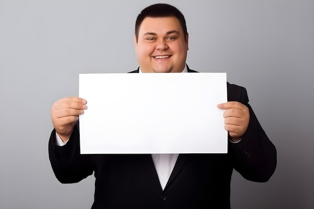 um gerente de negócios plus size ou CEO em um terno segurando um papel em branco