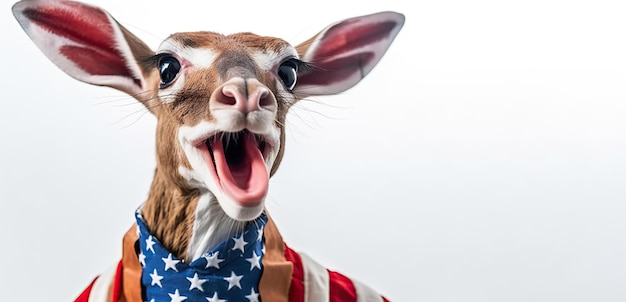 Foto um gerenuk charmoso comemorando com uma bandeira dos eua no dia da independência em 4 de julho bandeira americana fundo branco generativo ai