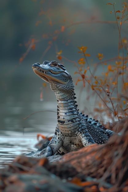 Foto um gharial a tomar o sol nas margens do rio chambal o seu distintivo focinho longo ligeiramente virado para cima