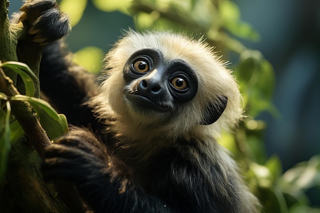 Foto um gibão curioso a explorar as copas das árvores com as suas longas patas