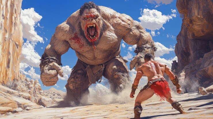 Foto um gigante massivo, musculoso e de aparência irritada fica sobre um homem musculoso menor com o homem de volta para a câmera em uma paisagem desértica