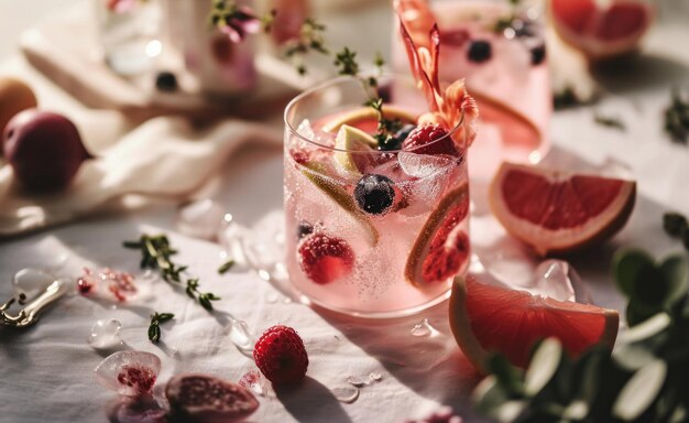 Foto um gin-tonic com citrinos e frutas para a mesa