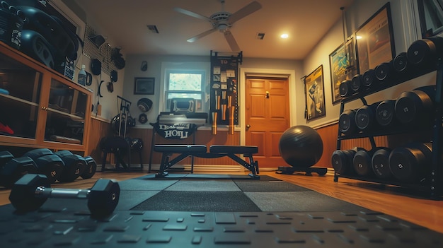 Um ginásio em casa com uma variedade de equipamentos, incluindo um banco, halteres, uma bola de ioga e uma barra de puxar