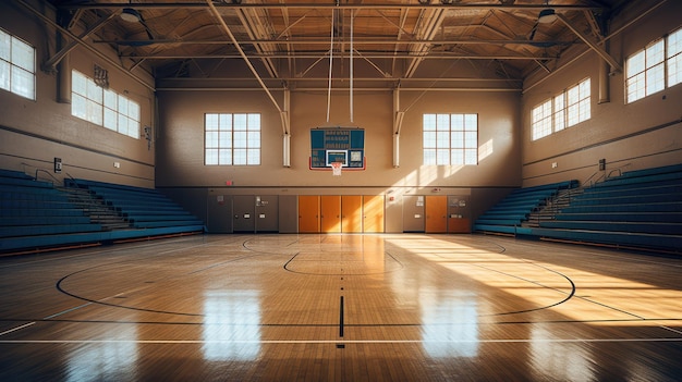 Um ginásio escolar com cestas de basquete e arquibancadas