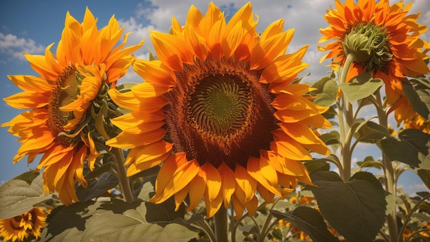 Um girassol em plena floração, suas pétalas alcançando o céu em uma exibição brilhante de amarelo e laranja