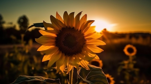 Um girassol em um campo com o sol se pondo atrás dele.