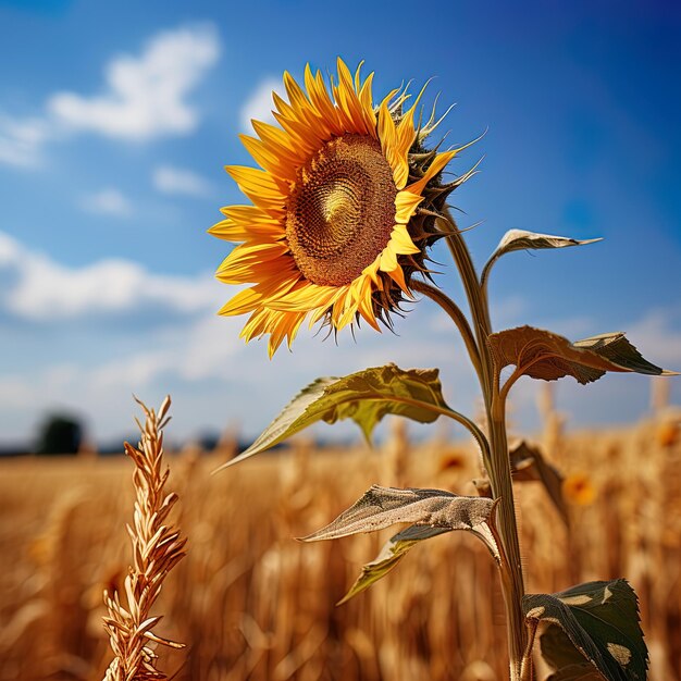 Foto um girassol está em um campo com um céu ao fundo