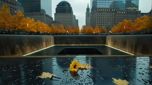 Um girassol solitário senta-se na borda da piscina refletora no Memorial do 911 na cidade de Nova York