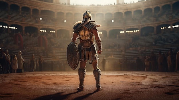 Um gladiador está em um estádio com uma grande multidão atrás dele.