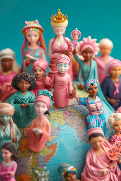 um globo 3D detalhado com figuras animadas de mulheres de várias culturas