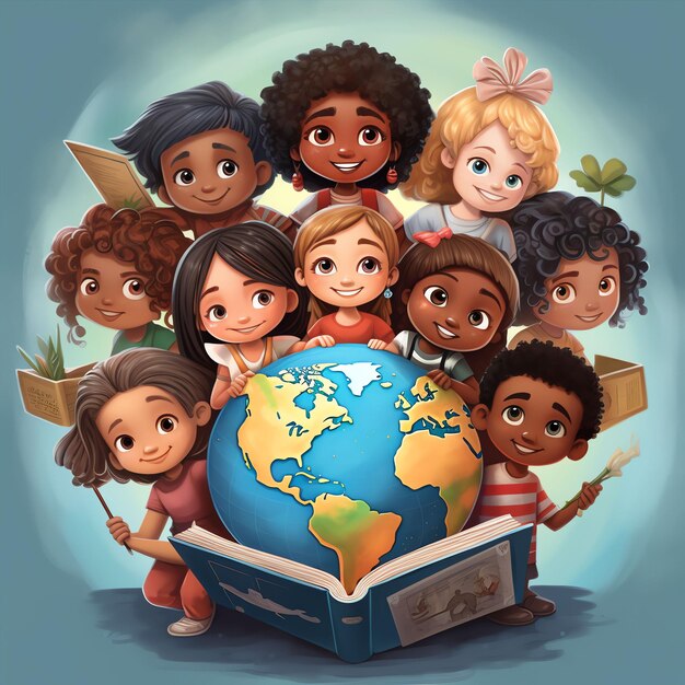 Um globo animado com crianças pequenas de várias etnias segurando suas próprias personalizadas