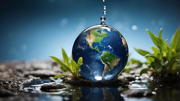 Foto um globo com o mundo nele e as gotas de água caindo harmonys tear commemorating world water