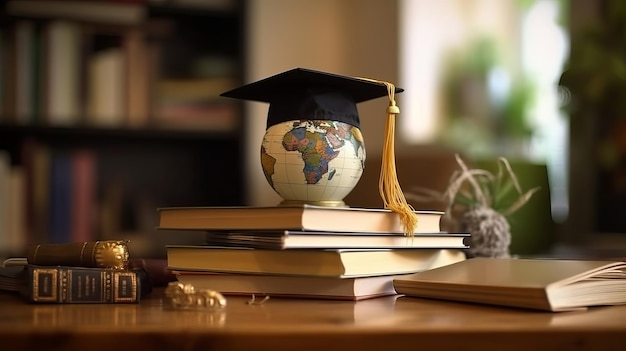 Um globo com um boné de formatura sobre uma pilha de livros.